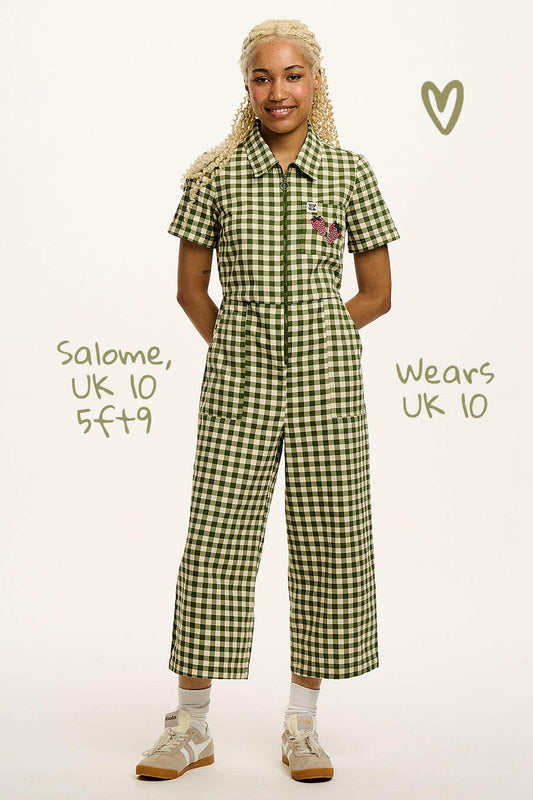 Ragan - Cotton Jumpsuit in Green Gingham with Strawberry Embroidery