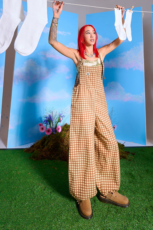 Ali - Wide Leg Cotton Dungarees Brown Birch Gingham Print