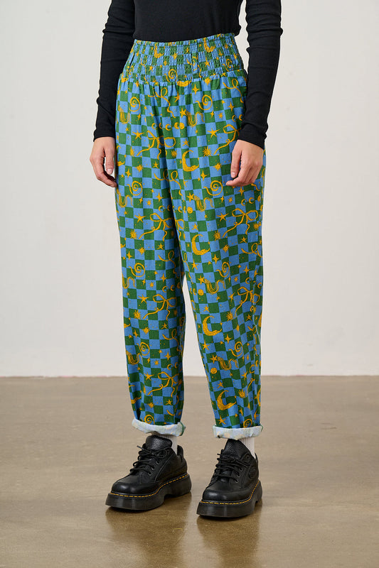 Alexa - Cotton Trousers in Blue Celestial Checkerboard