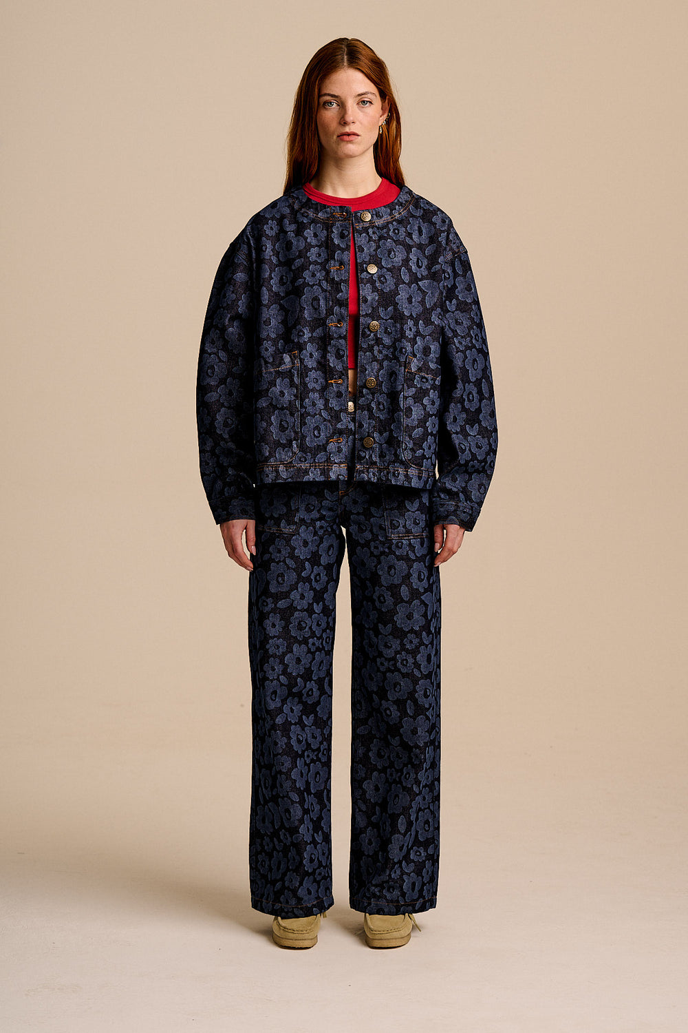 Amarante - Collarless Denim Collarless Jacket in Vida Floral