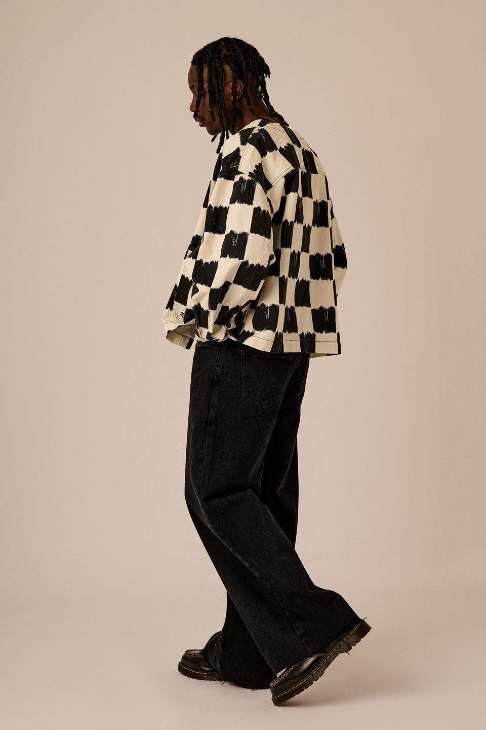 Amarante - Collarless Cotton Jacket in Black & Ecru Blurred Checkerboard