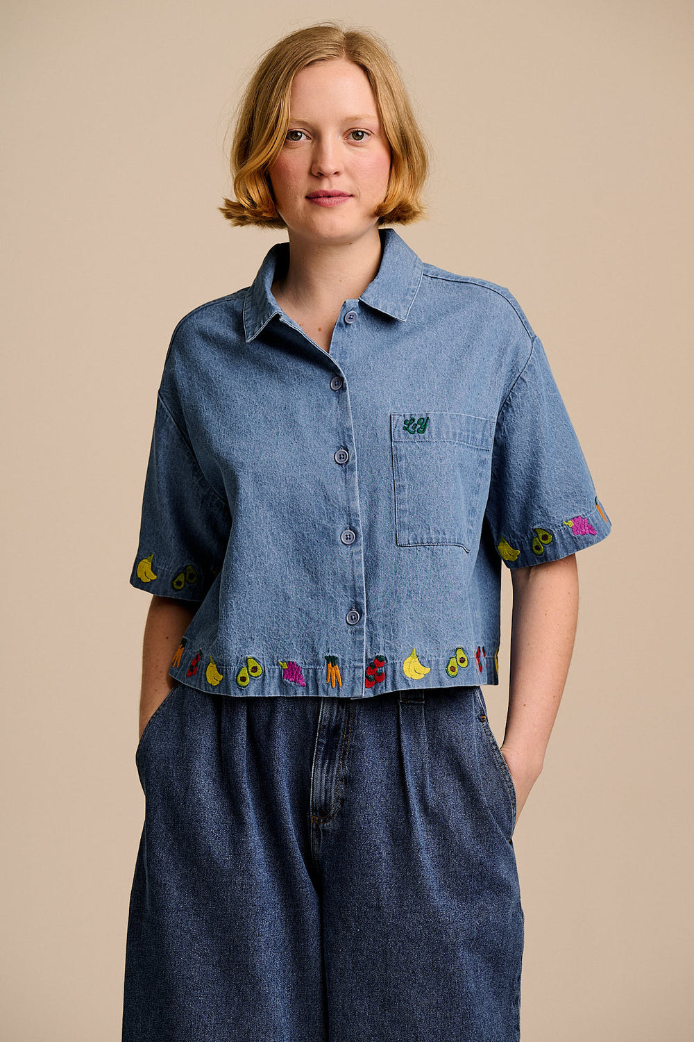 Archer - Cotton Shirt in Light Blue with Veg Embroidery