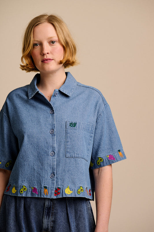 Archer - Cotton Shirt in Light Blue with Veg Embroidery