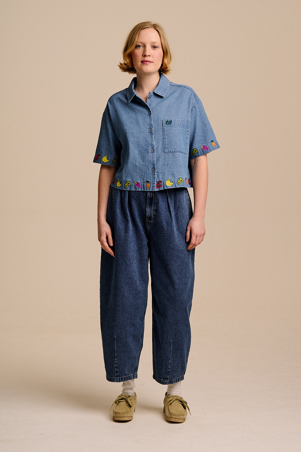 Archer - Cotton Shirt in Light Blue with Veg Embroidery