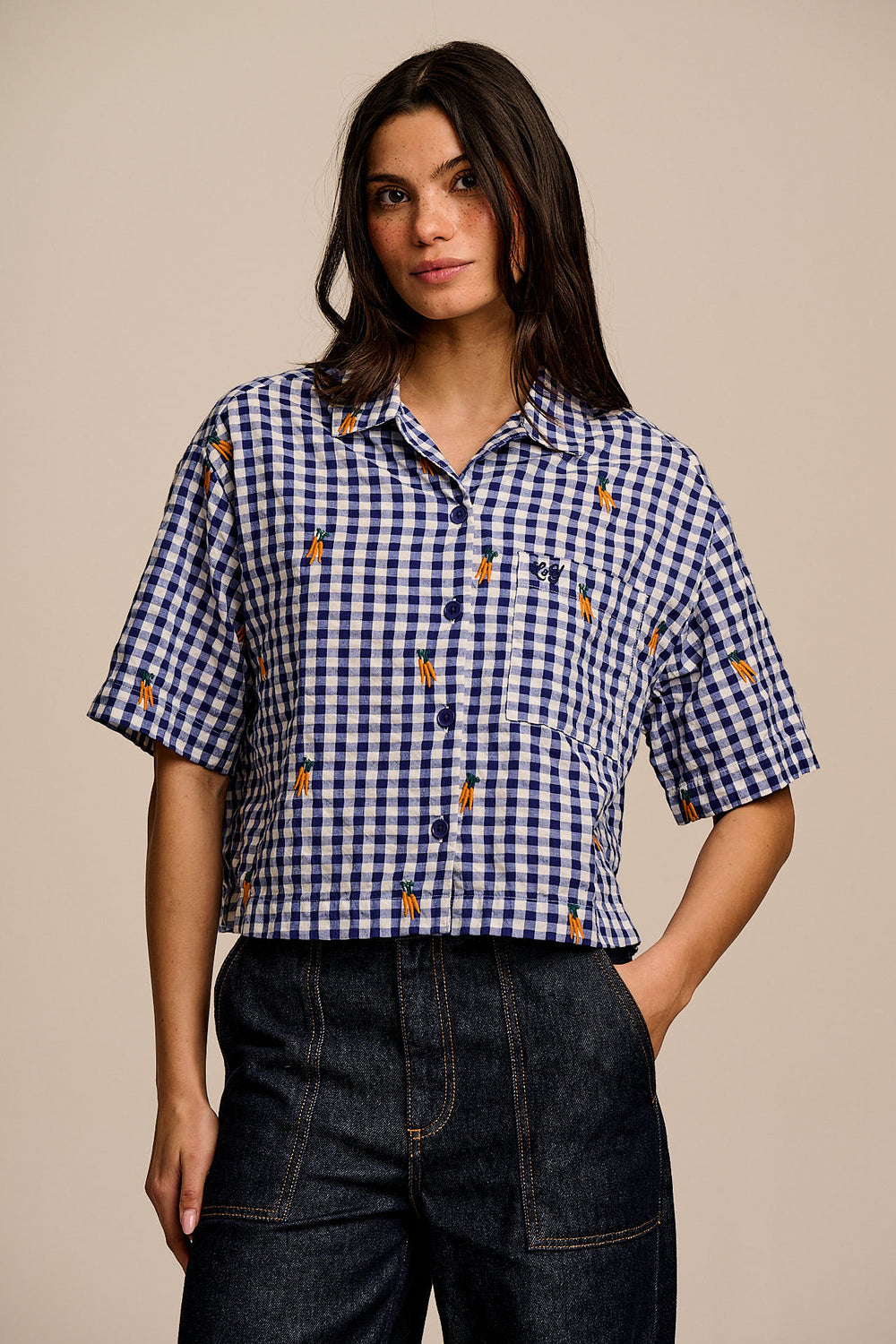 Archer - Cotton Shirt in Gingham with Carrot Embroidery