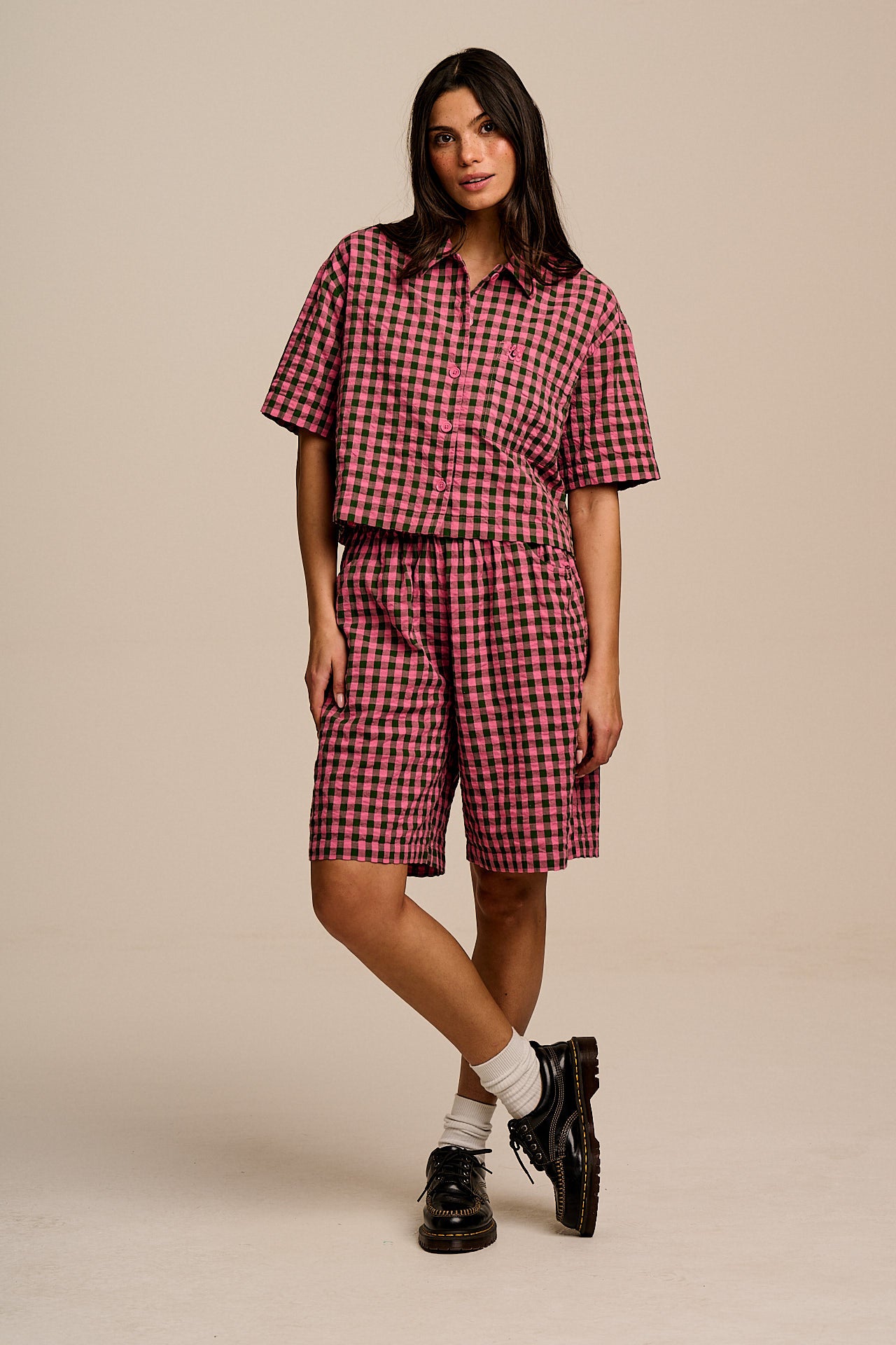 Archer - Cotton Shirt in Pink & Green Gingham