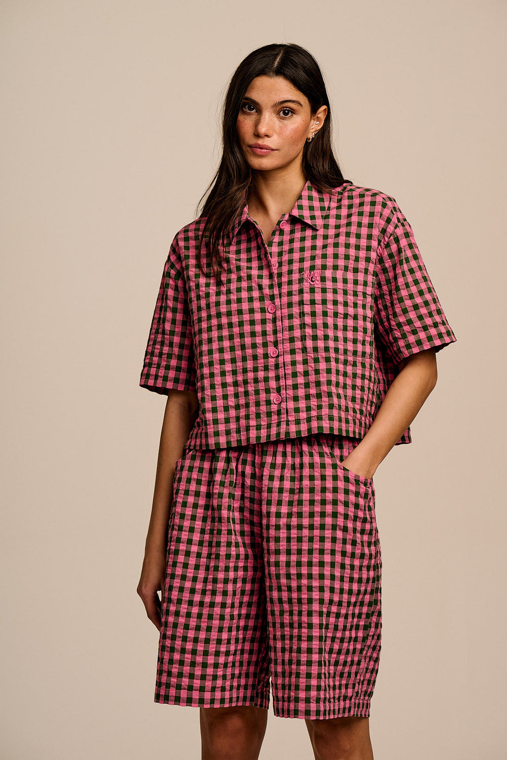 Archer - Cotton Shirt in Pink & Green Gingham