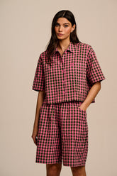 Archer - Cotton Shirt in Pink & Green Gingham