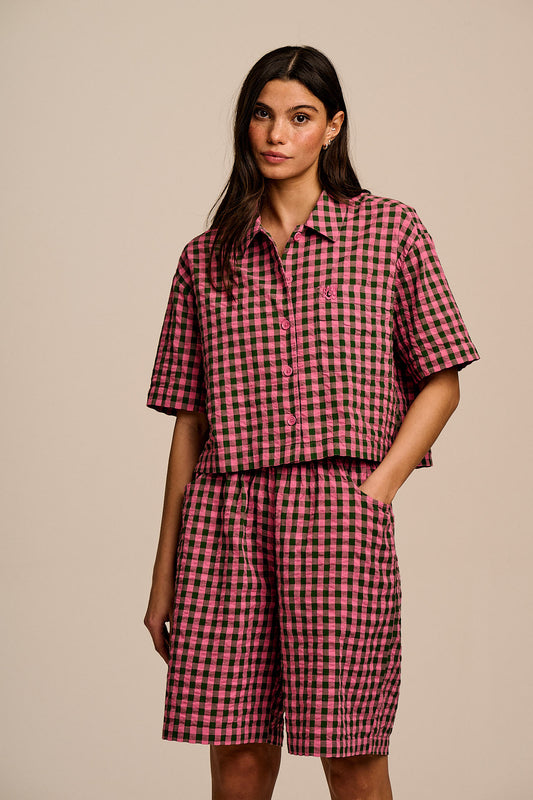 Archer - Cotton Shirt in Pink & Green Gingham