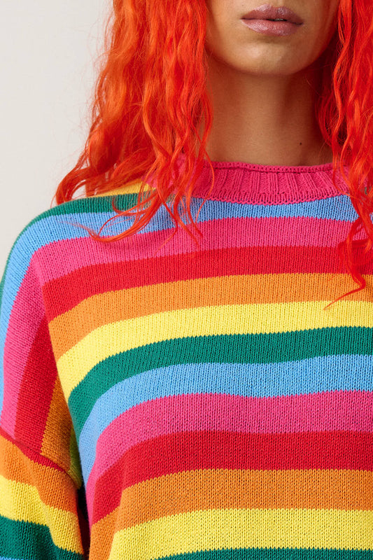 Areum - Cotton Bubble Hem Knitted Jumper in Rainbow Stripe