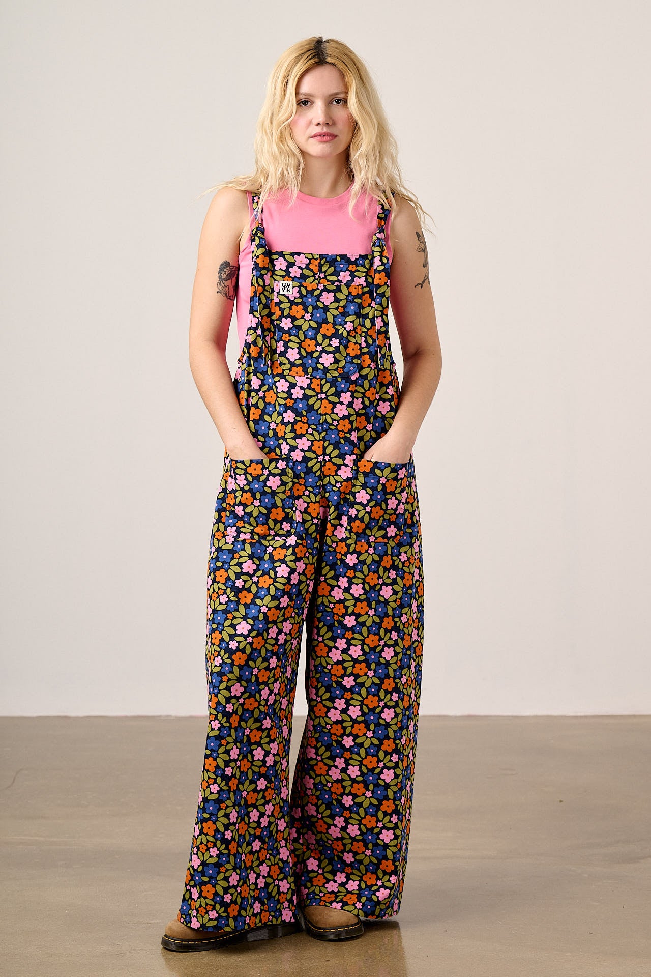 Arlo - Cotton Wide Leg Dungarees in Navy Floral