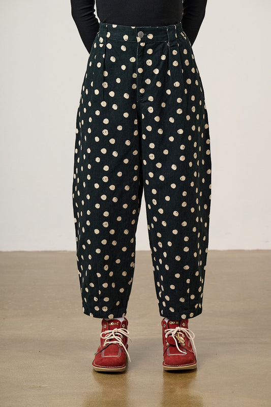 Ashby Barrel Leg Trousers - Cotton in Polka Dot Black and Ecru