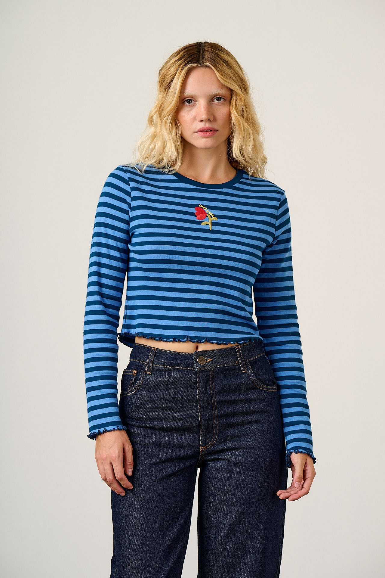 Hansel - Long Sleeve Cotton Top in Blue Stripe with Tulip