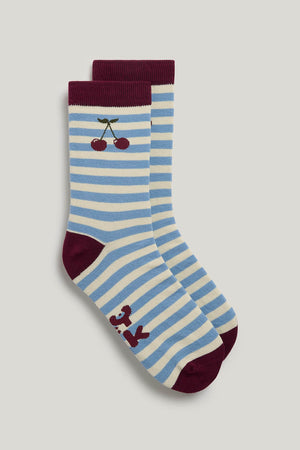 JoJo - Cotton Socks in Blue Stripe with Cherry