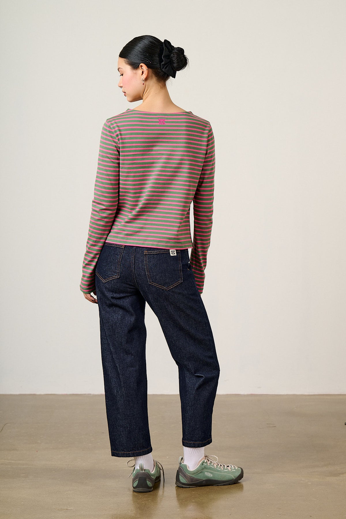 Laia Breton - Long Sleeve Boat Neck Top in Heavy Weight Organic Cotton and Green & Pink Stripe