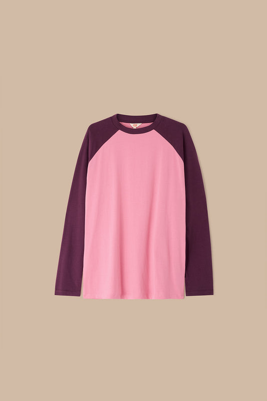 Bennett - Oversized Cotton Raglan T-Shirt in Pink & Burgundy (IMPERFECT)