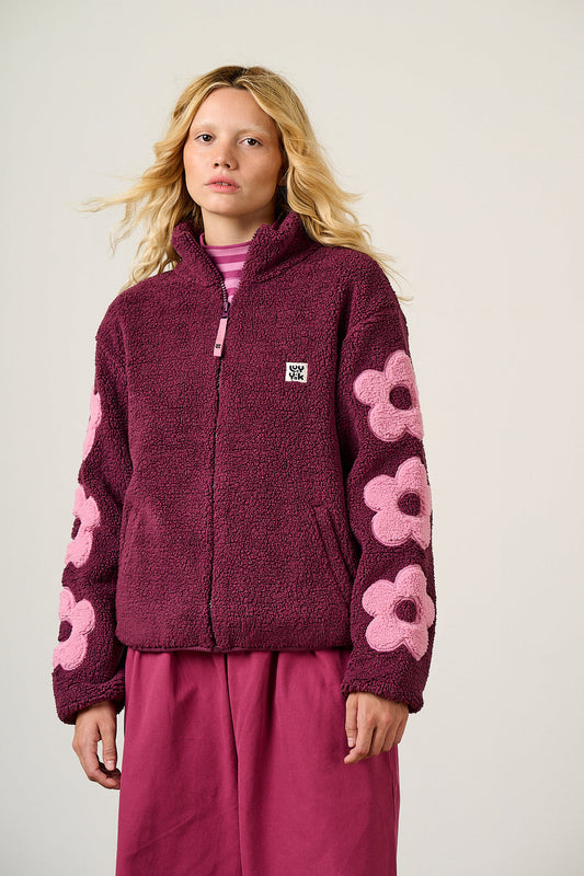Margot - Borg Fleece with Flower in Pink and Burgundy