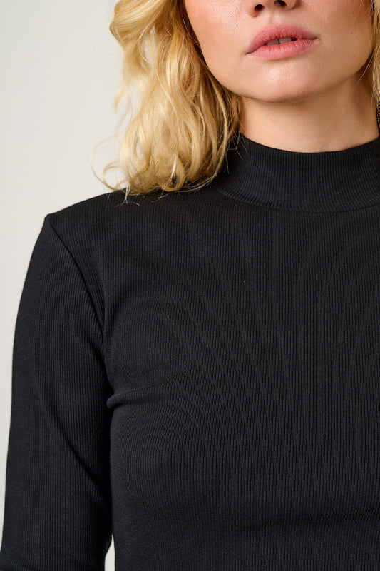 Tia - Long Sleeve Funnel Neck Top Cotton in Black