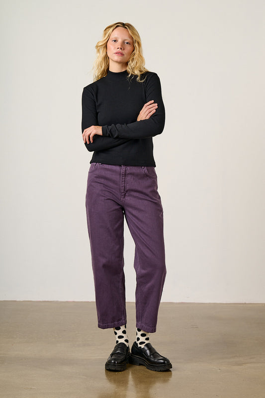 Tia - Cotton Ribbed Funnel Neck Top in Black