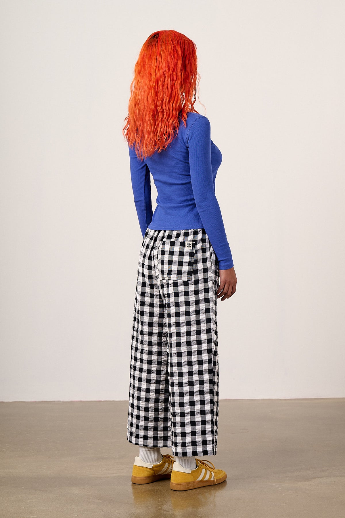 Chuck - Wide Leg Trousers Organic Cotton Seersucker in Black & White Gingham