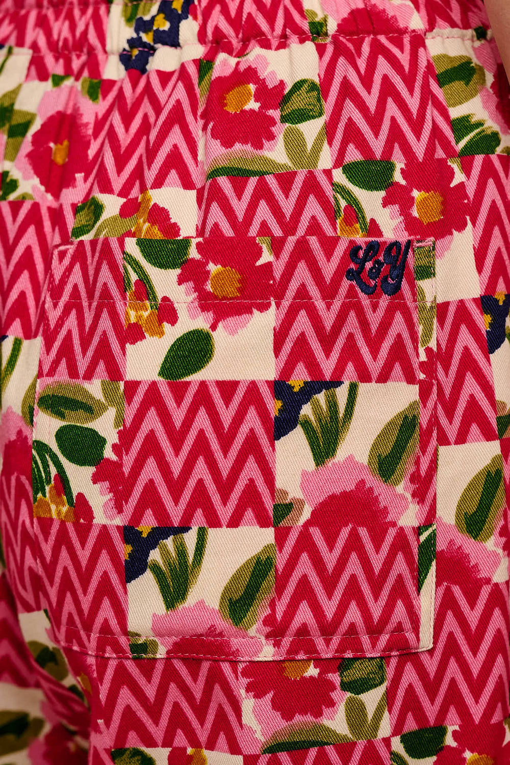 Chuck - Wide Leg Cotton Trousers in Zig Zag Floral Checkerboard