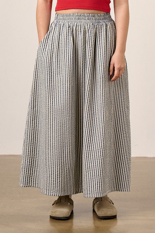 Clara - Cotton Maxi Skirt in Navy Stripe