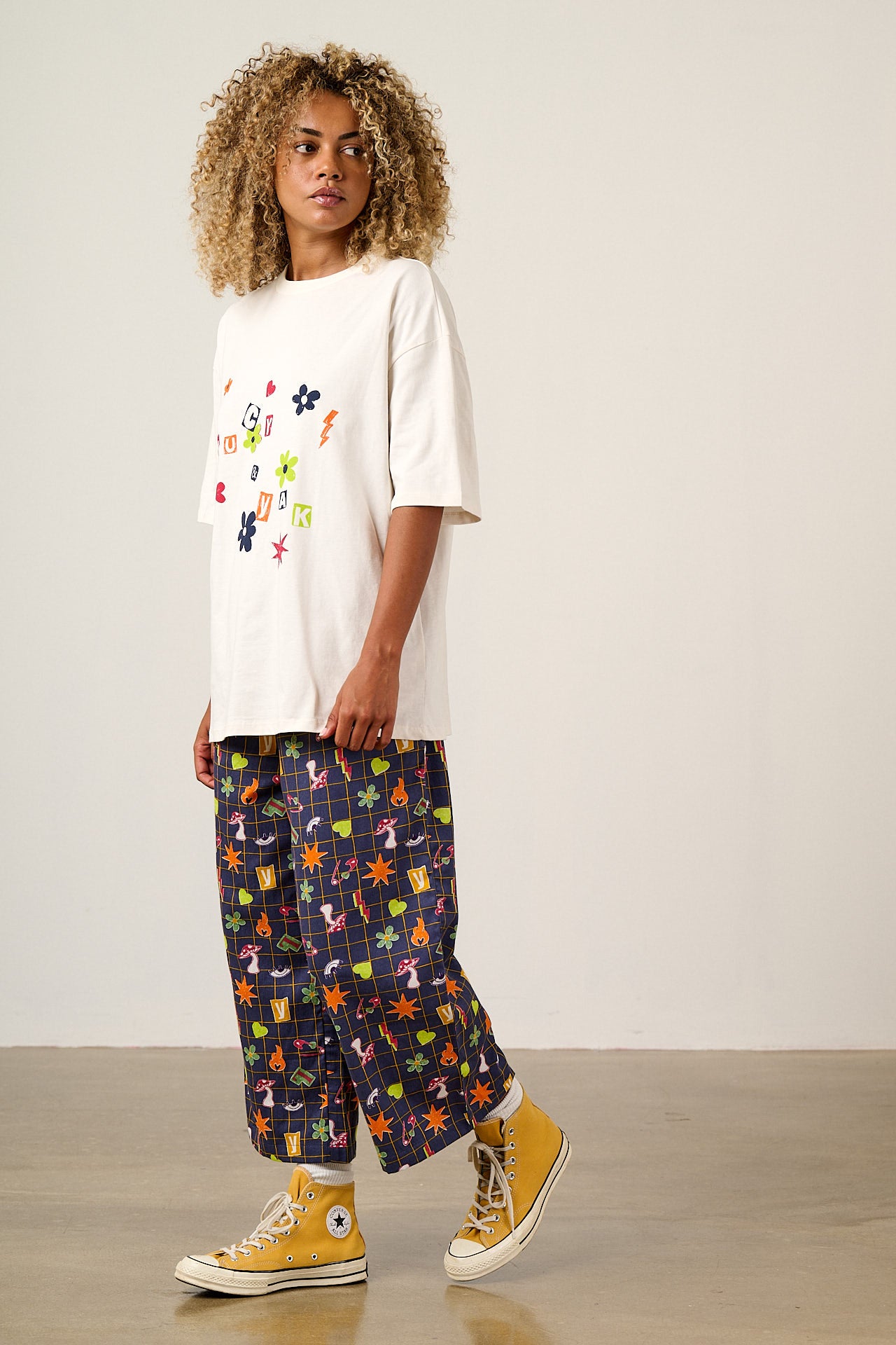 Chuck - Wide Leg Cotton Trousers in Punk Energy Grid