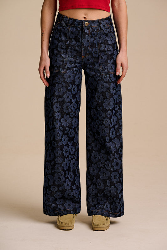 Delores - Wide Leg Denim Jeans in Indigo Vida Floral