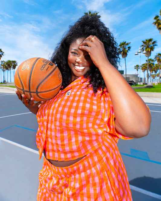 Alfie - Cotton Seersucker Shirt in Pink & Orange Gingham