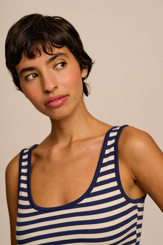 Eden - Cotton Ribbed Vest in Navy & Ecru Stripe