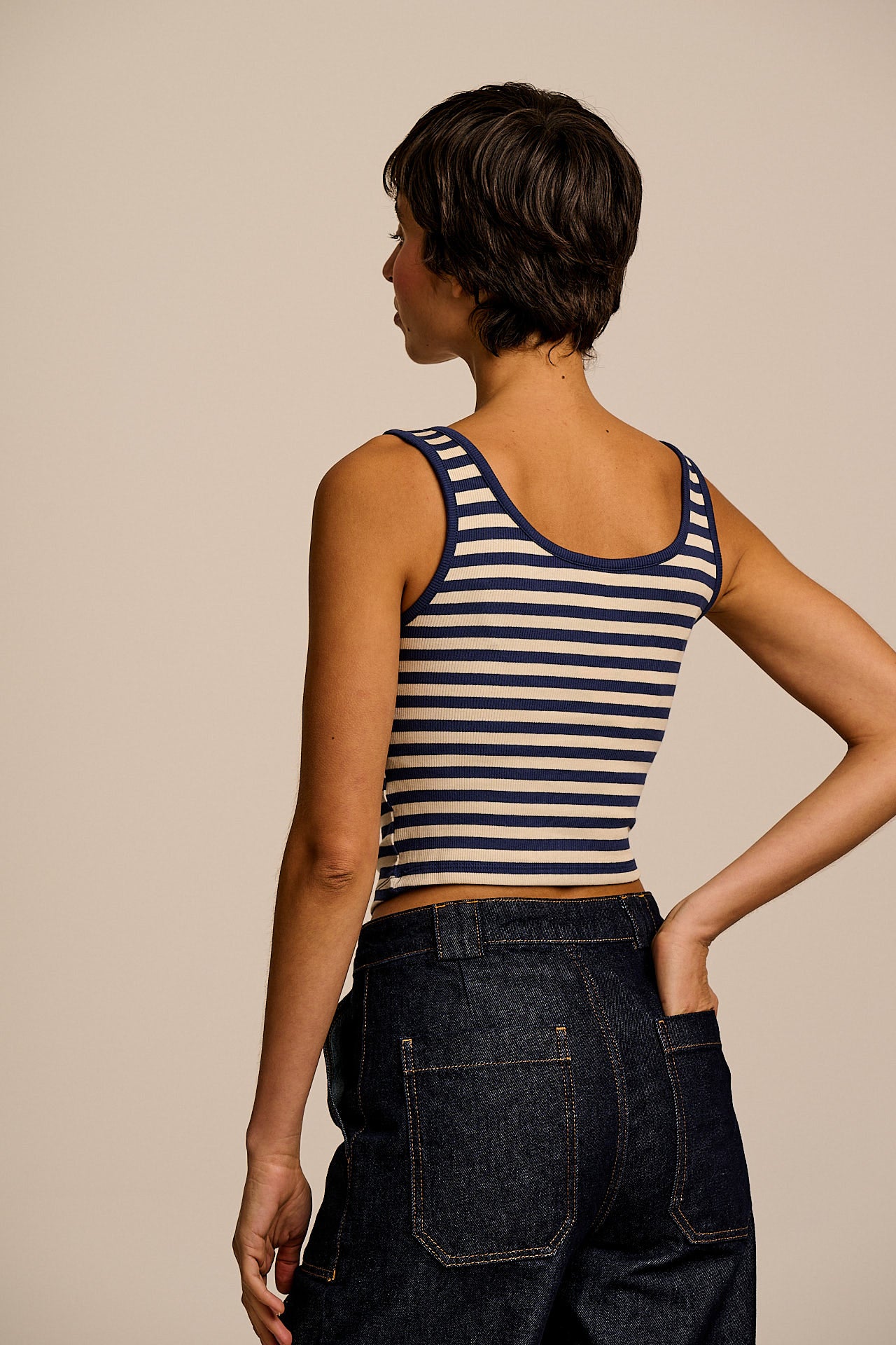 Eden - Cotton Ribbed Vest in Navy & Ecru Stripe