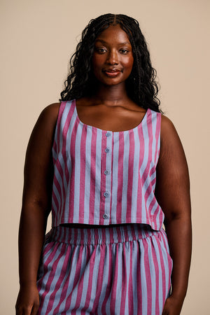 Etoile - Cotton Button Up Tank in Burgundy & Blue Stripe