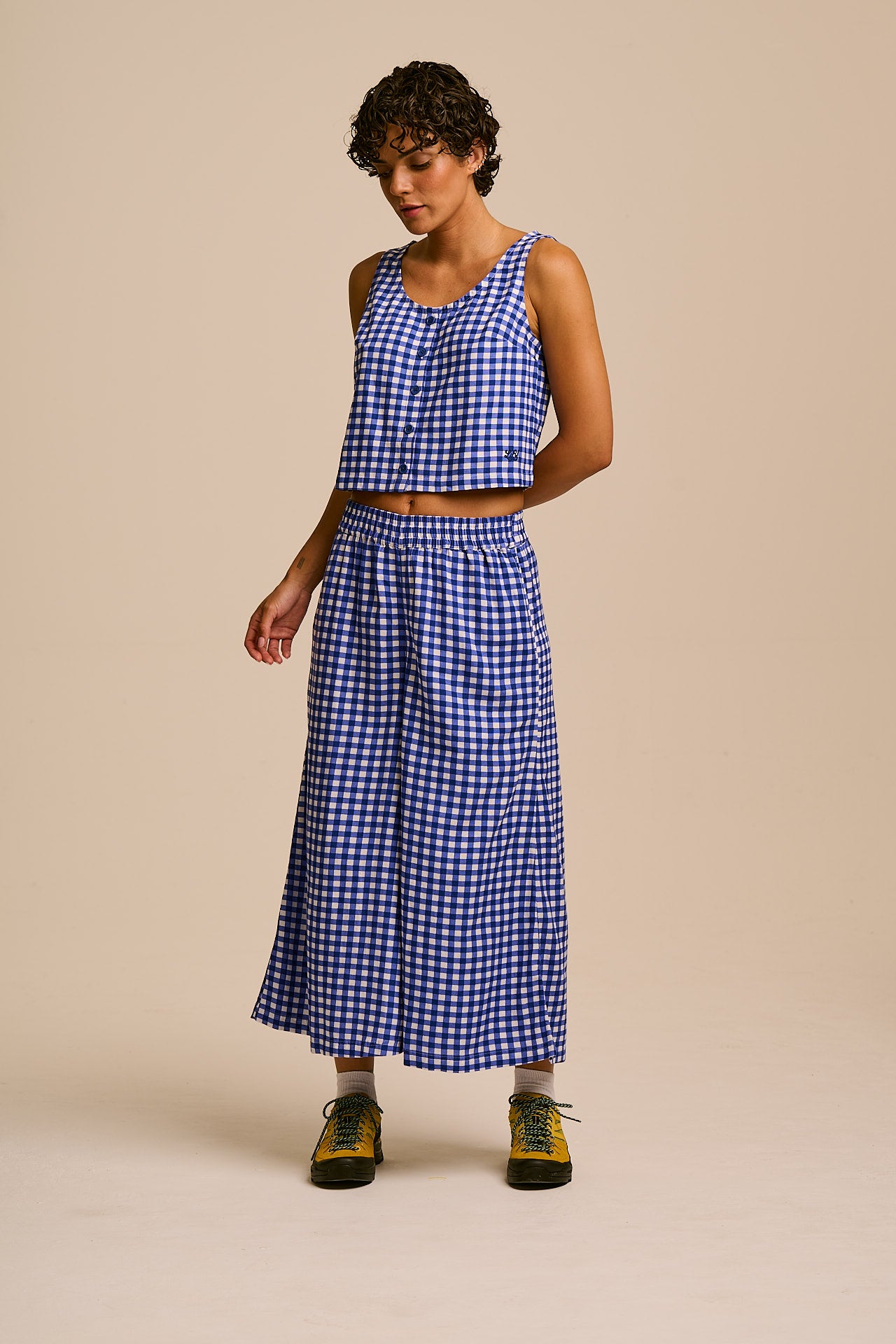 Chase - Viscose Culotte Trousers in Blue Check
