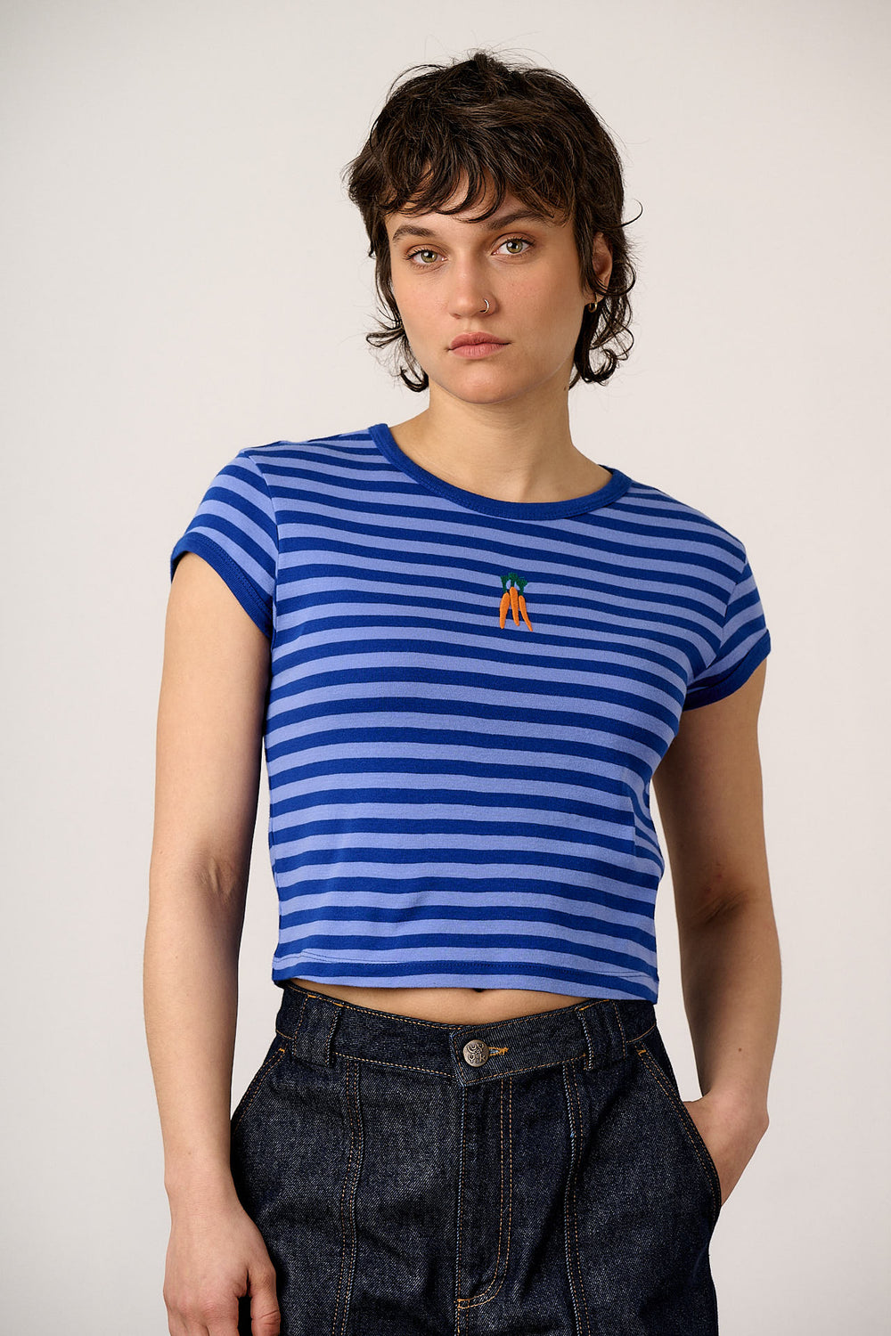 Fenn - Cotton Baby Tee in Navy Carrot Stripe