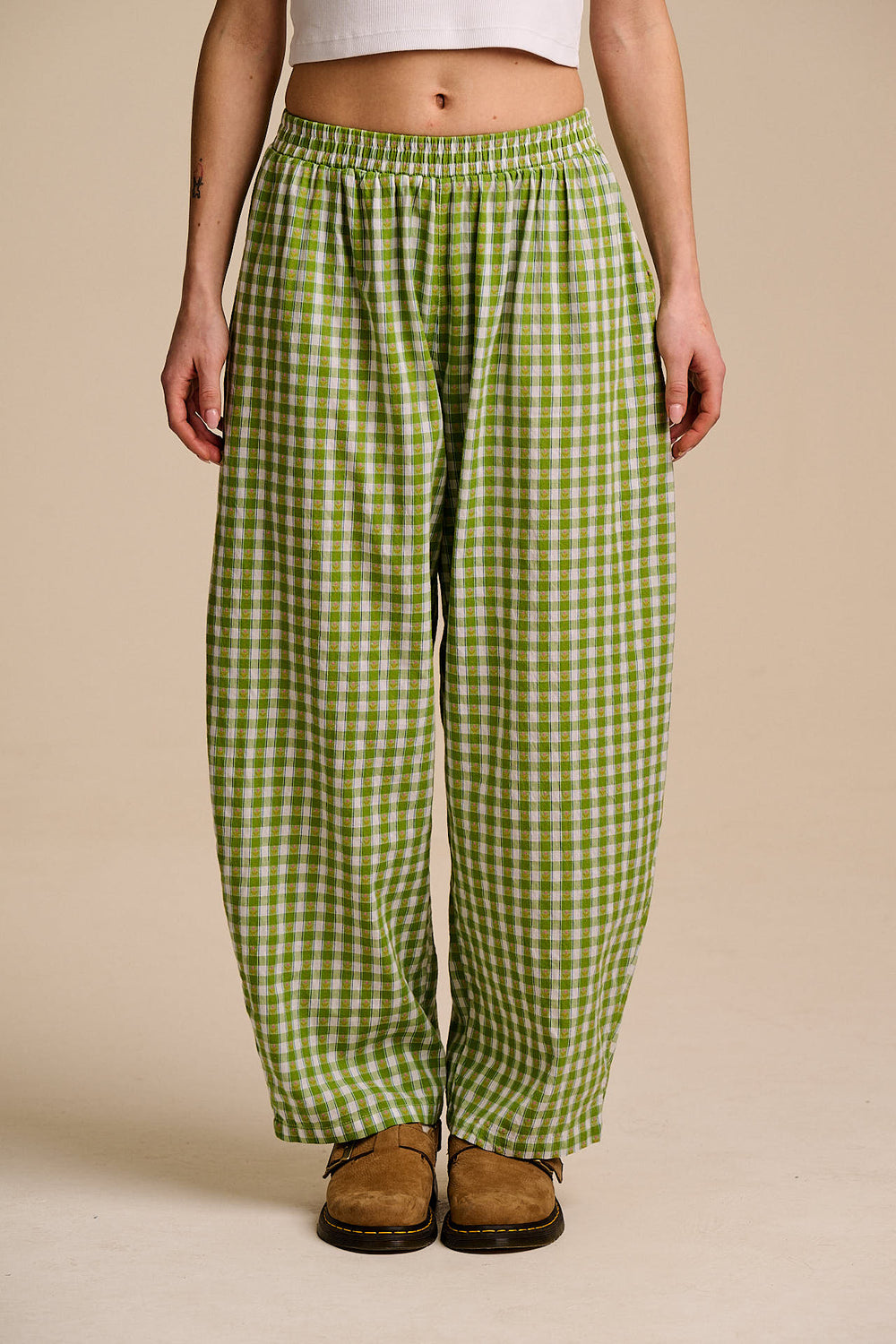 Freddie - Barrel Leg Cotton Trousers in Green & White Tulip Gingham