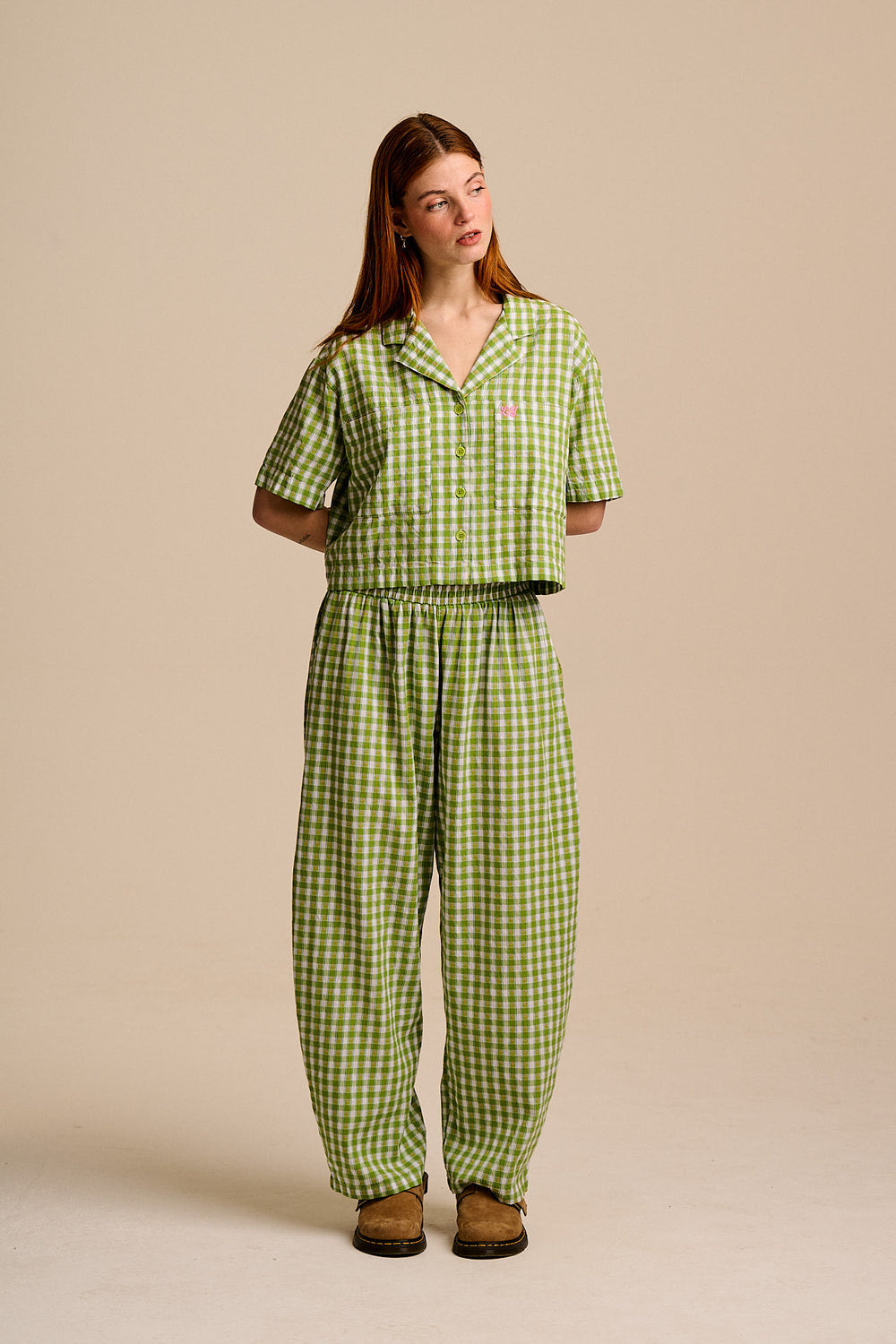 Freddie - Barrel Leg Cotton Trousers in Green & White Tulip Gingham