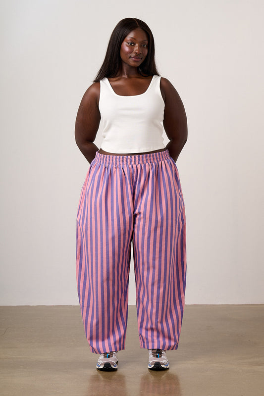 Bee Illustrates Pride 2026 - Freddie - Barrel Leg Cotton Trousers in Pink & Blue Stripe