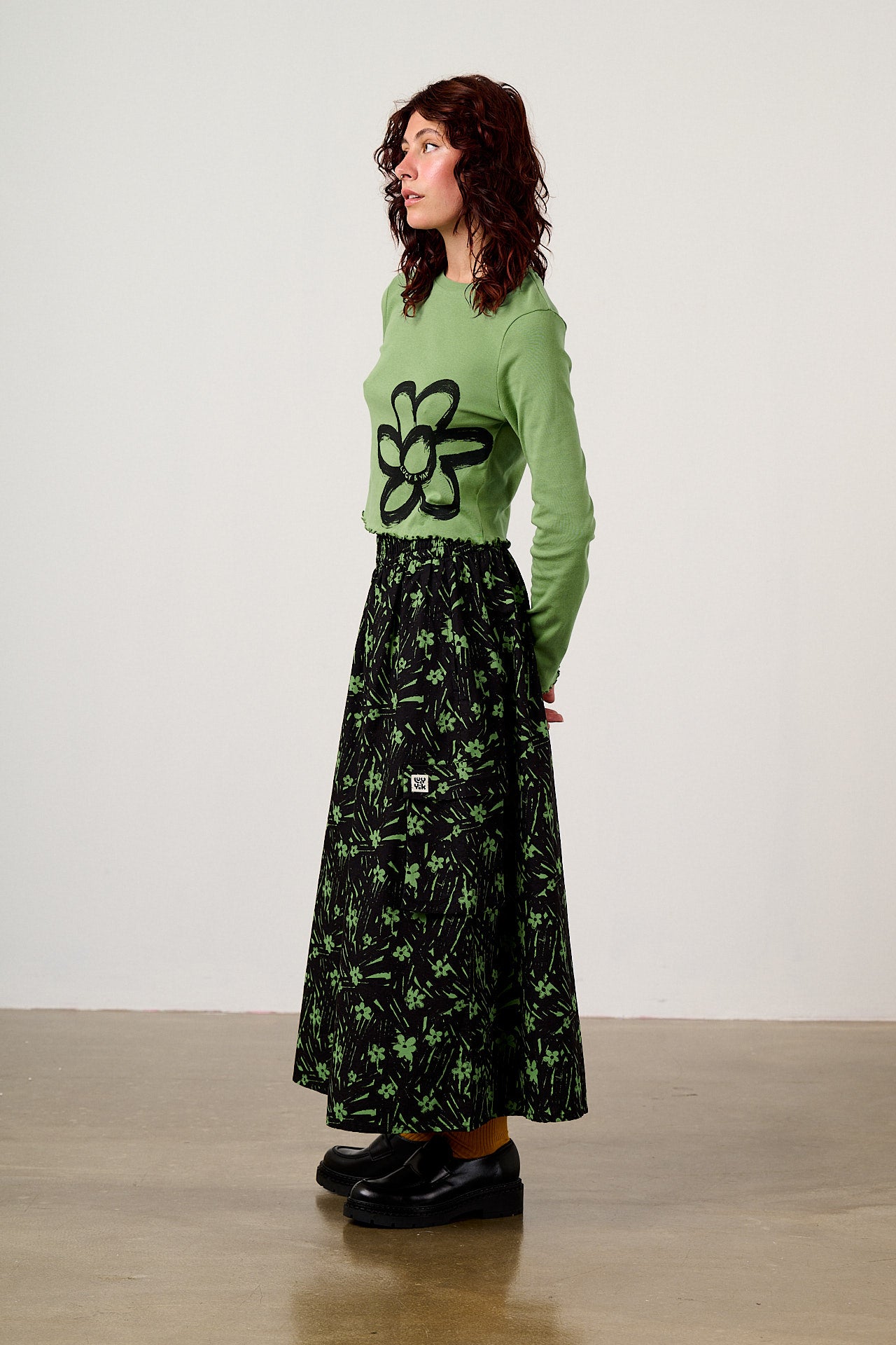 Hansel - Long Sleeve Cotton Crop Top in Green Scribble Floral