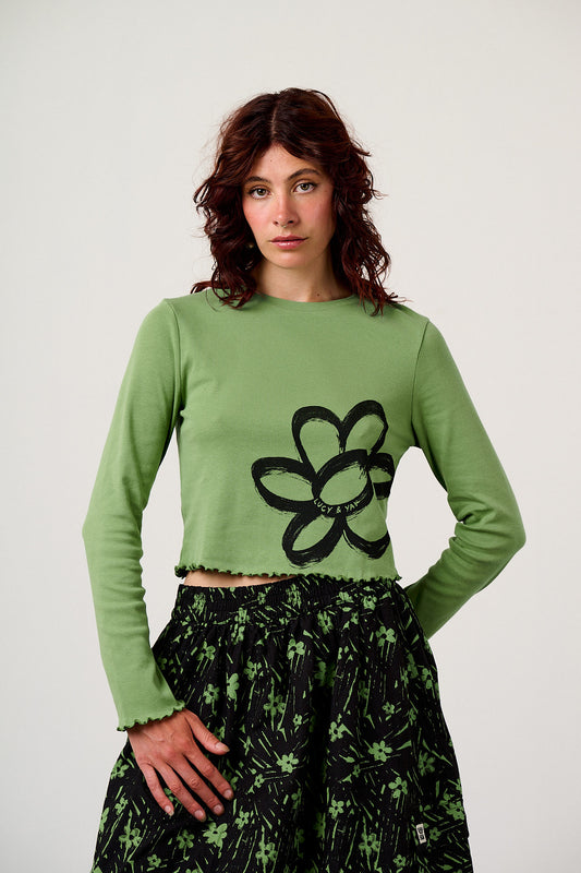 Hansel - Long Sleeve Cotton Crop Top in Green Scribble Floral