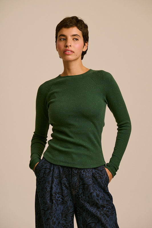Harlow - Organic Cotton Long Sleeve Raglan Tee in Dark Green