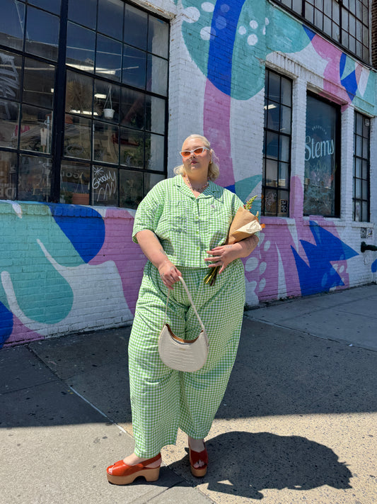 Freddie - Barrel Leg Cotton Trousers in Green Bonitto Gingham