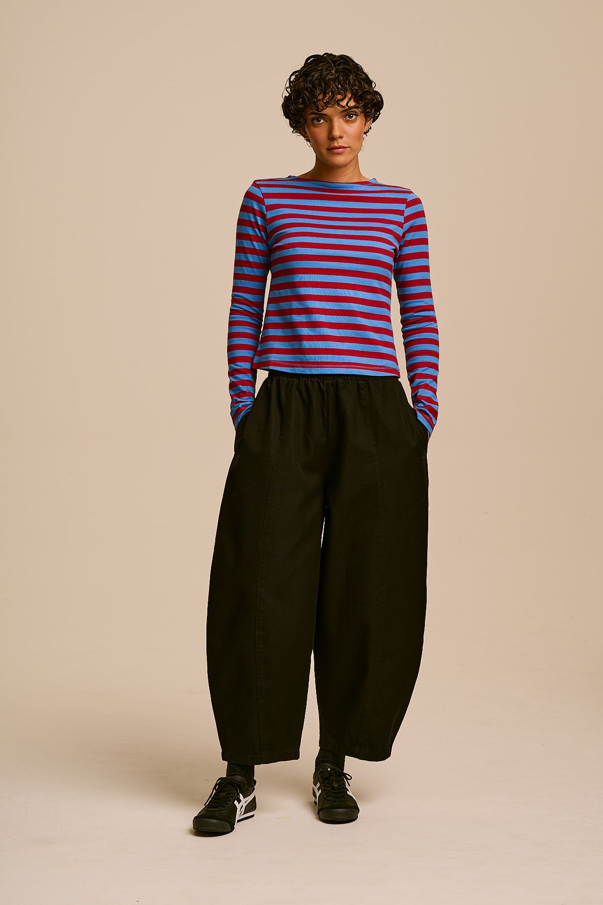 Laia Breton - Long Sleeve Boat Neck Top in Heavy Weight Organic Cotton and Burgundy Blue Stripe