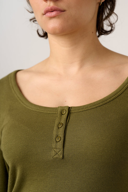 Lana - Cotton Long Sleeve Rib Top in Khaki