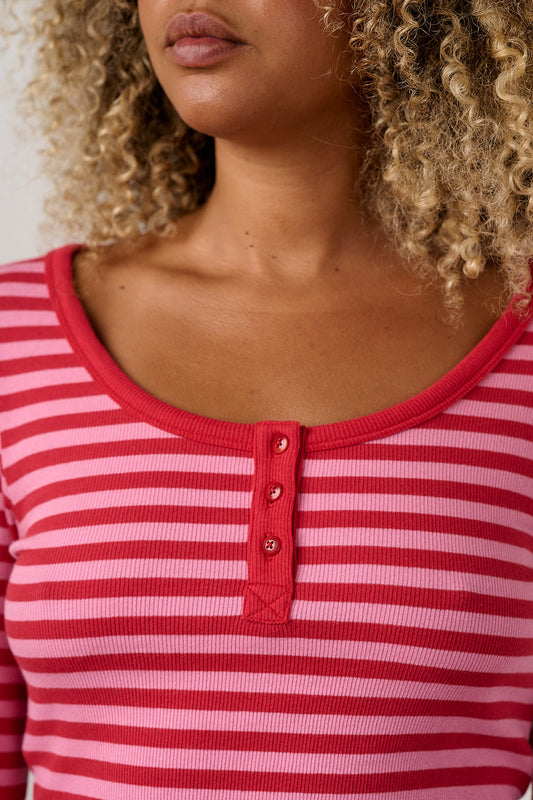 Lana - Cotton Long Sleeve Rib Top in Pink & Red Stripe