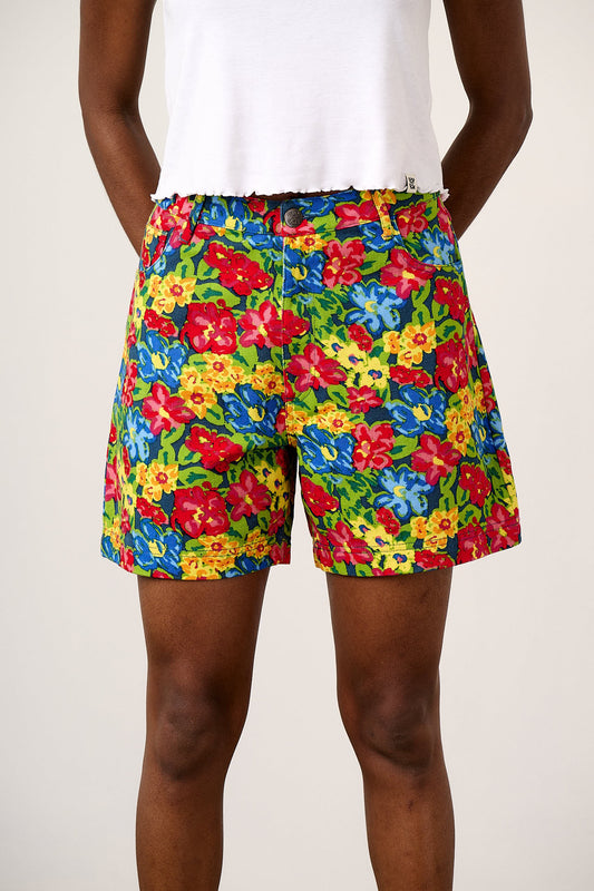 Lexi - Cotton High Waist Shorts in 80s Scribble Floral