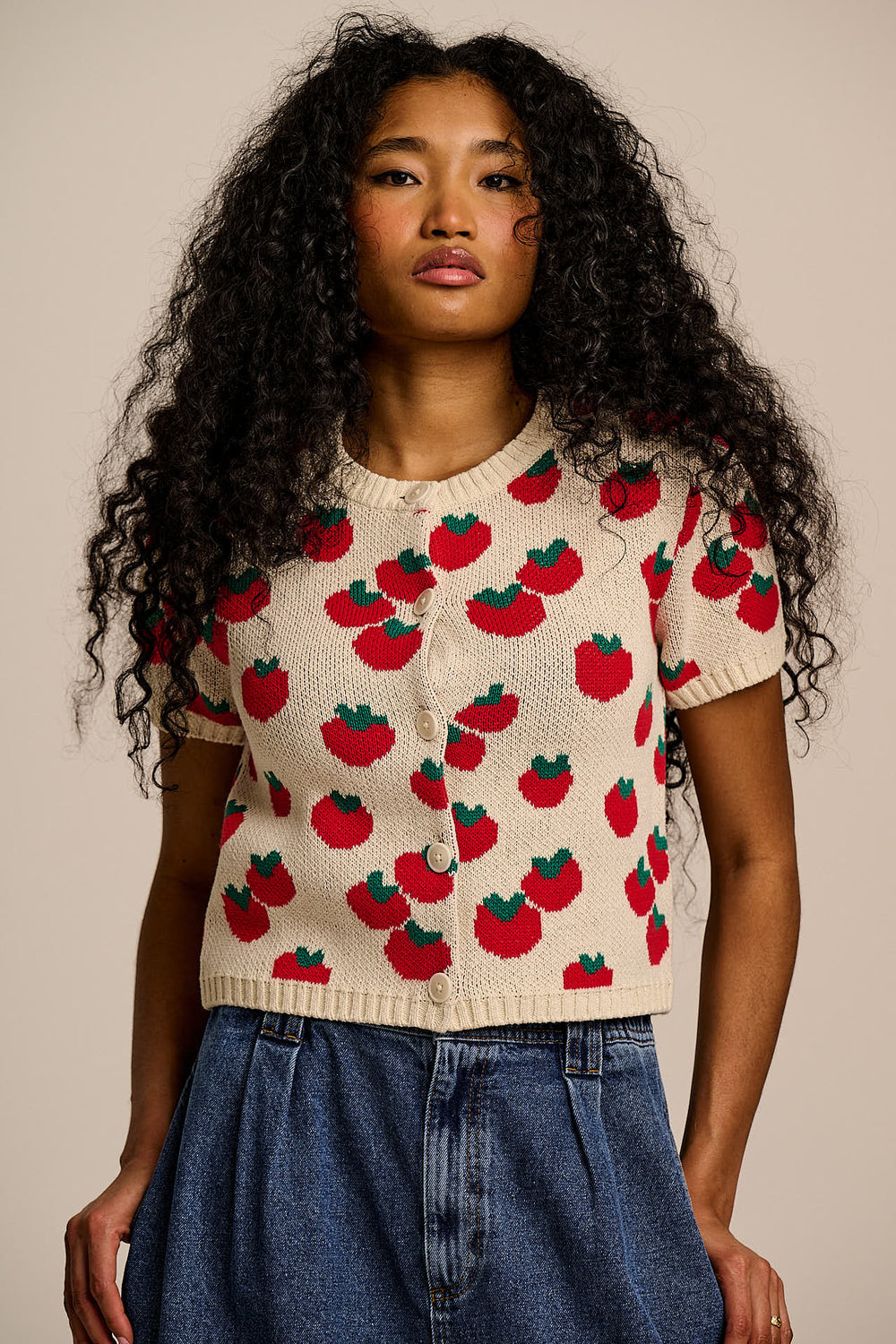 Lizzie - Cotton Short Sleeve Knitted Cardigan in Tomatoes