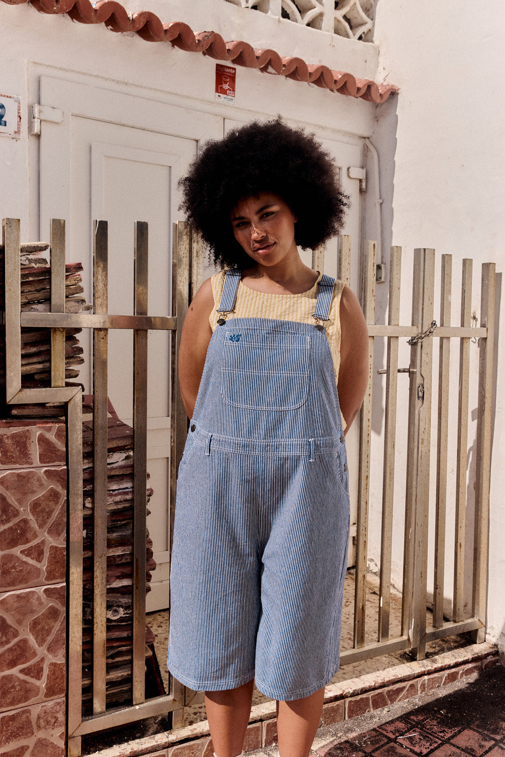 Jara - Cotton Dungarees Shorts in Navy Pinstripe