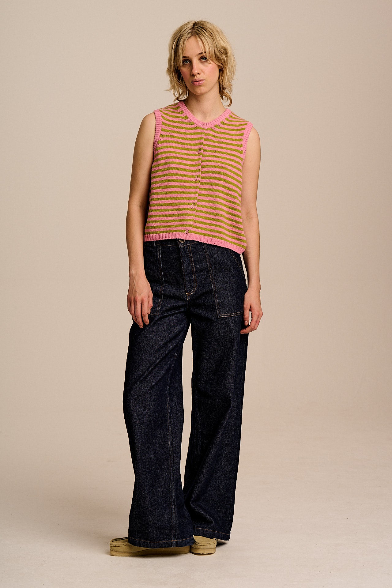 Lynne - Cotton Knitted Tank in Green & Pink Stripe