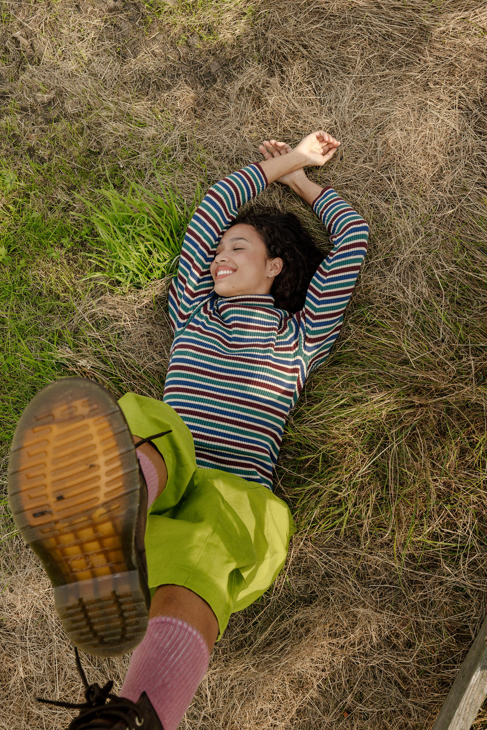 Eva - Knitted Roll Neck Long Sleeve Top in Earthy Stripe