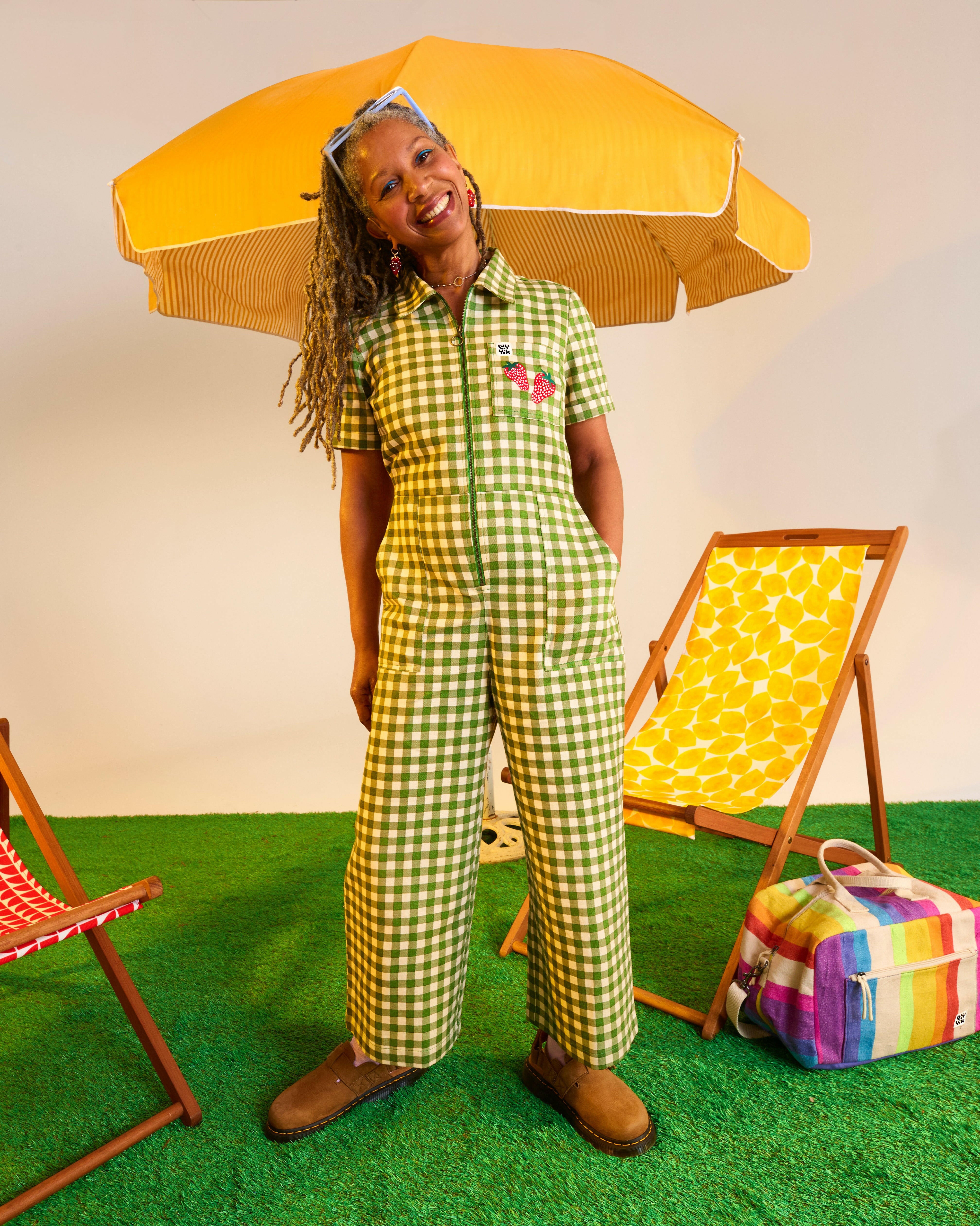 Ragan Cotton Jumpsuit in Green Gingham with Strawberry